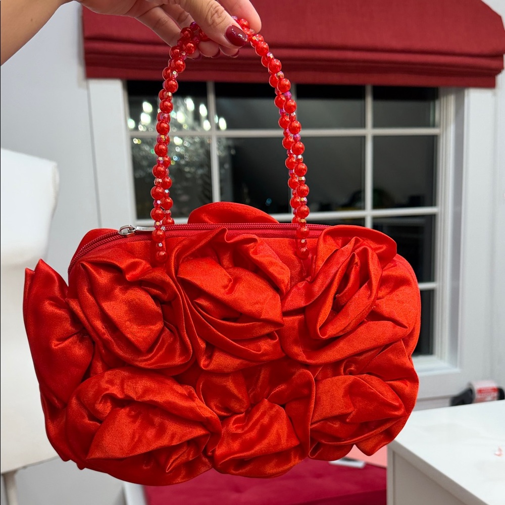 Vibrant Red Floral Clutch with Beaded Handle
